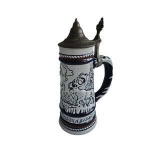 Avon Blue and White Ceramic Beer Stein with Pewter Lid